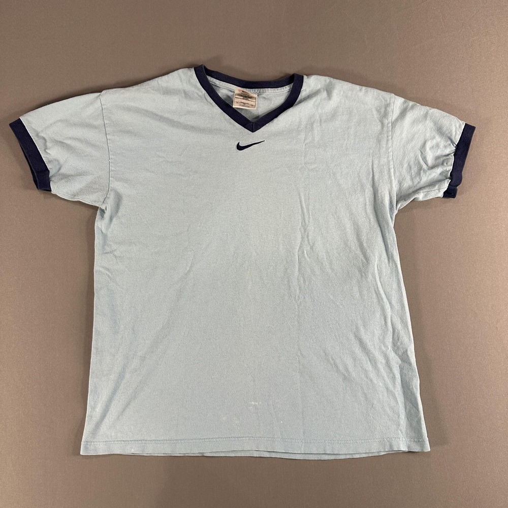 Vintage Nike Shirt Mens Large Blue V-Neck Swoosh Logo Ringer Tee USA 90s
